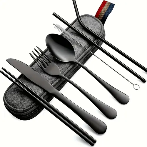 8-Piece Stainless Steel Portable Utensils Set, Travel Camping Cutlery with Knife, Fork, Spoon, Chopsticks, Cleaning Brush, Straws and Portable Case, Home & Festive Party Supplies Flatware, Eight Pieces summerwins