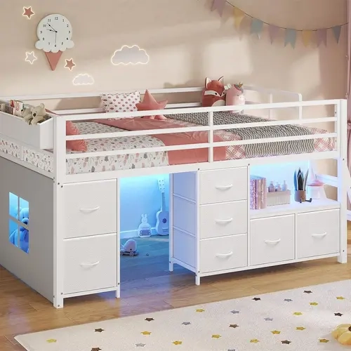SIKAIC Twin Low Loft Bed with 7 Storage Drawers, Bookcase and LED Lights, Space Saving Metal Bed Frame with Play Curtain and Under-Bed Storage Space,dorm essentials,home decor