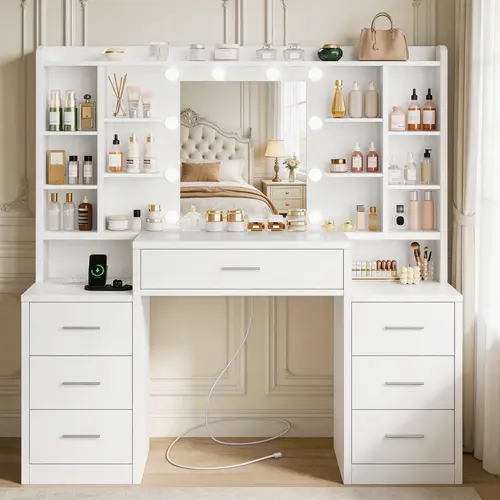 Large Modern Vanity Desk - Single Unit Rectangular Indoor Furniture with LED Glow-Ready Mirror, Power Outlet, 7 Drawers, Open Shelves, White Vanity for Girls' Bedroom, Bedroom Decor, Camping Essentials