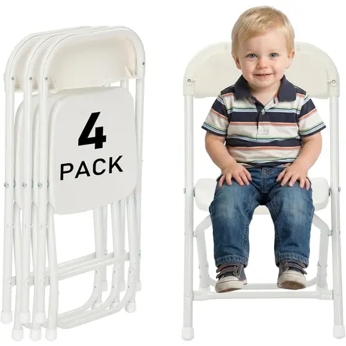 4 Pack Kids White Plastic Folding Chair with Metal Frame for Toddler&Children, Lightweight and Stackable Foldable Seats for Indoor, Outdoor, Classrooms, Desks, Parties, Events rental
