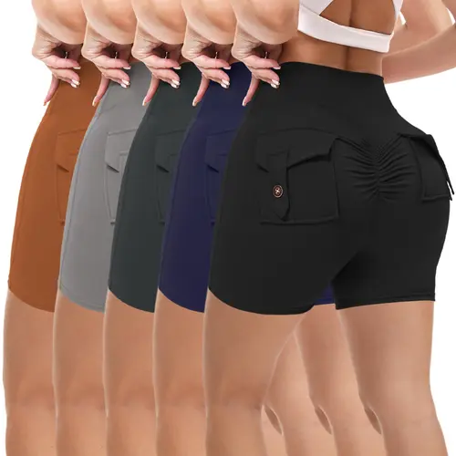 Women's High Rise Stretchy Ruched Butt-Lifting Cargo Biker Shorts - Tummy Control, Button Closure, Body Shaping Universal Neutral Workout Outfit Inspo for Yoga, Cycling