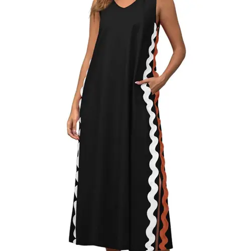 Ebossy Women's Bohemian Chic Loose Fitting Lightweight Ankle Maxi Dress - Sleeveless V-Neck Boho Ric-Rac Edge Tank Dress with Side Slit for Summer Beach Vacation, Lightweight Ankle Dress