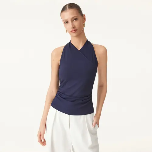 OGL Ultrasoft Surplice Sleeveless Top - Navy Blue Halter Neck Design for Comfort and Style TikTokShopSummerSale