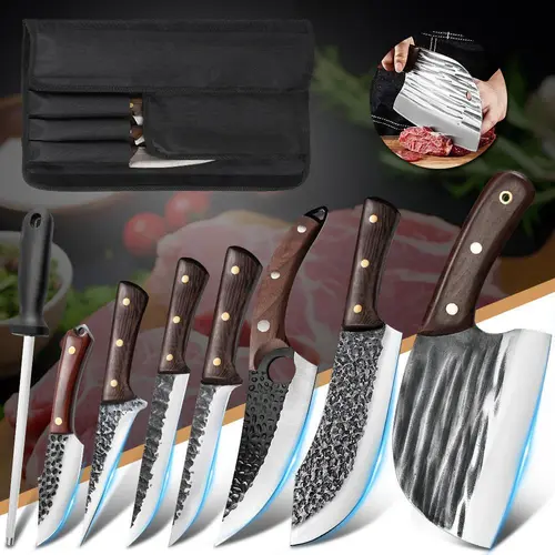 MDHAND 8Pcs Professional Kitchen Knife Set - High Carbon Steel Hand-Forged Knives (Butcher, Meat Cleaver, Boning, Viking) with Wood Handles, Roll Bag, Chopping Tool, Sharpening Compatibility, Ideal Gift