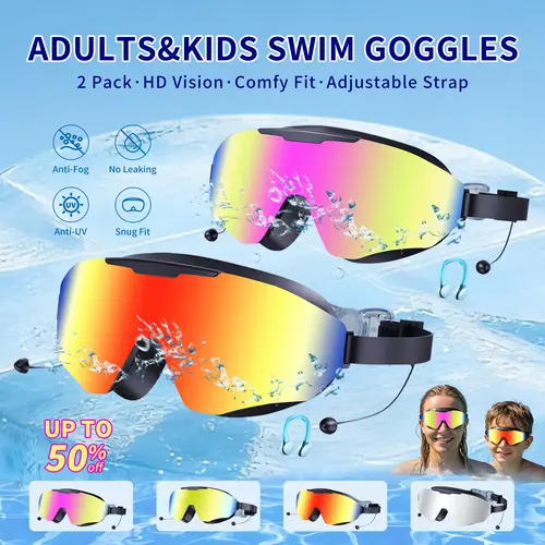 2-Pack Unisex Swimming Goggles with Earplugs, Adjustable Strap, Anti-Fog, UV Protective, No Leak, Wide Frame 180° Wide View for Adults & Kids 4-12