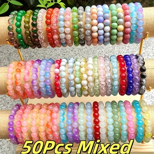 50pcs Mixed Color Synthetic Glass Beaded Stretch Elastic Friendship Bracelets Set - Beaded Stretch Bangles, Cute Accessories, Bracelet Stacks, Unisex Youth Daily/Costume Wear, Teenage Girls Gifts, Beaded Look