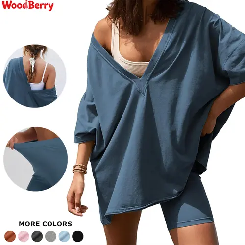 WoodBerry Women's 2-Piece Reversible 2-Ways Set - Baggy V-Neck T-Shirt, Elastic Waist Flex Biker Shorts, Summer Tracksuit Outfits for Women