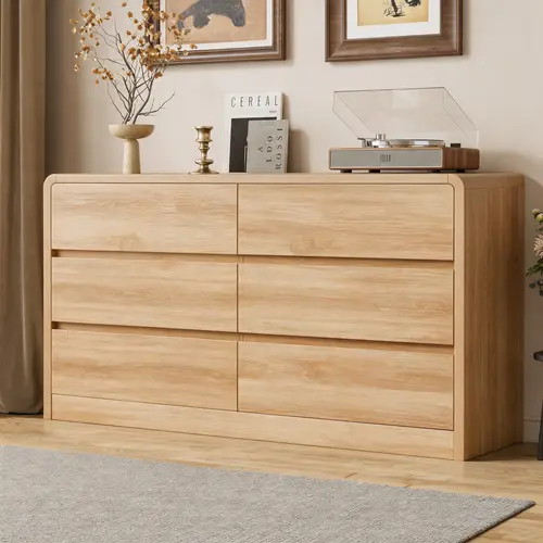 55" Wide Sturdy Wood Dresser with 6 Drawers - Curved Profile, Space-Saving Storage for Bedroom, Hallway, Ideal for Bedroom Decor, Durable Indoor Cabinet, Dressers