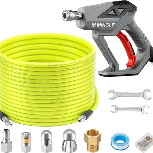 M MINGLE Sewer Jetter Kit for Pressure Washer 100 FT,Drain Cleaner Hose,Spray Lance,1/4 Inch NPT Corner Rotating Button Nozzle toolupgrade