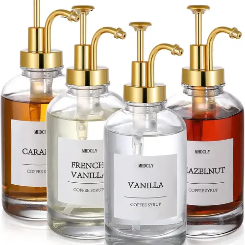 4 Pcs Syrup Dispenser For Coffee Bar, Coffee Syrup Pump Dispenser Glass Bottle, Coffee Bar Accessories 16.9oz Syrup Dispenser With Labels,Syrup Pump Dispenser For Coffee Bar Set Organiser