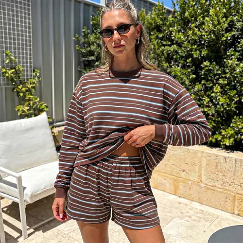 Chicovar Women's 2-Piece Striped Lounge Set - Oversized Long Sleeve Crew Neck Top & Shorts, Casual Relaxed Fit Comfy Everyday Wear Loungewear Pjs Brown Pajama Set Nightwear