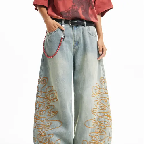 Men's Vintage Light-Wash Swirl Embroidery Baggy Wide-Leg Jeans - Retro Style Streetwear Clothing, Fashion Streetwear, Vintage Fits, Teenage Dirtbag Aesthetic Daily Casual Trousers