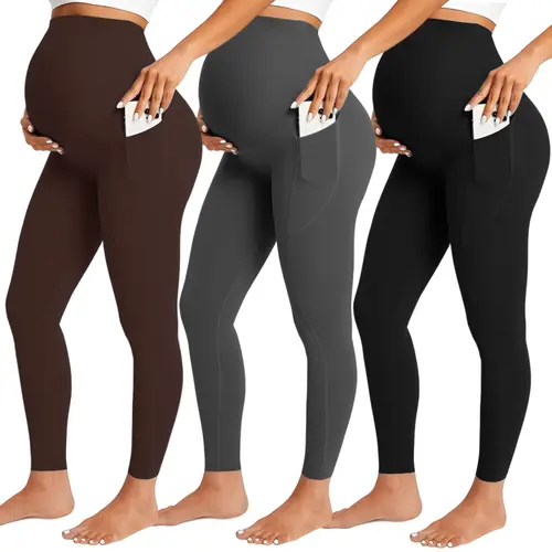 Buttery-Soft Maternity Leggings (3 Pack), High Waist Over the Belly Pregnancy Support with Deep Side Pockets, Moisture Wicking, Hospital Appointments,travel essentials,camping essentials, Maternity Clothing