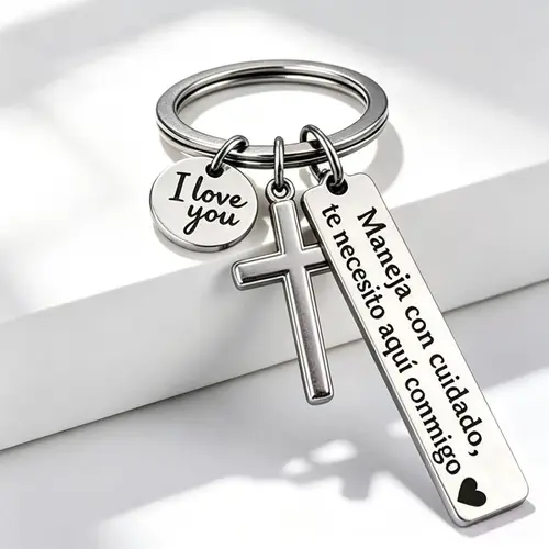 Maneja Con Cuidado Te Necesito Aquí Conmigo Keychain with Cross & "I Love You" Charm, Spanish Drive Safe Stainless Steel Keyring, Romantic Religious Gift for Him/Her Adjustable Heart Rate Couples Bracelet Set universal trending Cute Black Cat detailed