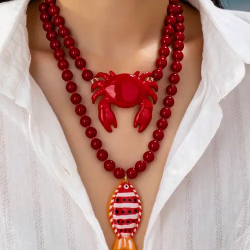 2 Pcs Beaded Crab Fish Pendant ABS Plastic Alloy Necklace, Bold Ocean Style Statement Jewelry, Beach Vacation Women's Accessories, Unique Gift Idea