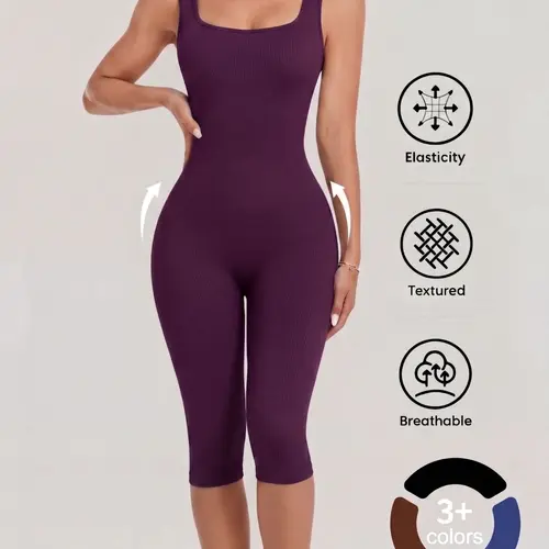 1/2PCS Women's Yoga Capri Jumpsuit Square Neck Backless Tummy Control Butt Lifting, Yoga Workout Jumpsuits Workout Shorts Romper Seamless Ribbed Sleeveless Unitard Fitness Gym for Gym Sports