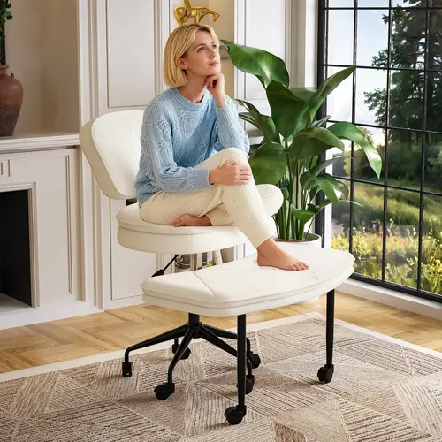 Ergonomic ADHD Friendly Cross Legged Office Chair, Adjustable Back & Height Meditation Yoga Chair with 360° Swivel Footstool, Teddy Fabric Desk Stool, White