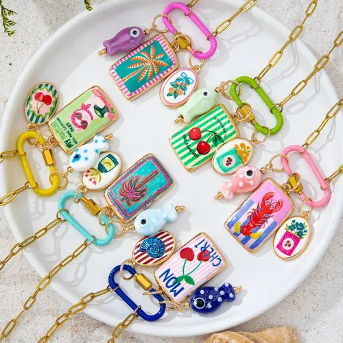 6-Pc Colorful Enamel Carabiner Clasp Charm Whimsical Necklace Set, Fashion Necklace, Trendy Necklace, Cherry & Fish Pendants, 18K Gold-Plated Stainless Steel Chain with Interchangeable Charms, Boho Vacation Jewelry for Women