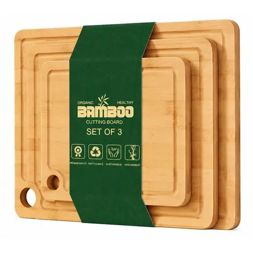 AISOON Kitchen 3-Piece Organic Bamboo Square Cutting Board Set (XL/Med/Small) - Eco-Friendly, Non-Toxic, BPA-Free, Anti-Scratch Chopping Boards, Knife-Safe, with Juice Groove, Handles, Sturdy Light Feel, for Meal Prep, Cheeseboard Entertaining
