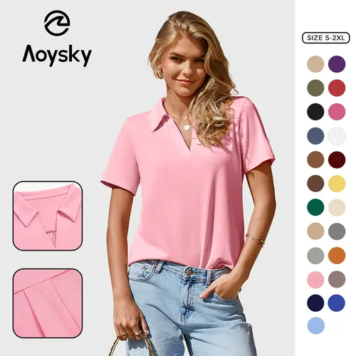 Aoysky Women's Polo Shirt, Minimalist Short-Sleeve V-Neck Top with a Fitted Cut in Lightweight Breathable Dry Polyester for Business Casual Work,back to school,back to school shopping, Shortsleeve, Lightweight Breathable Polos
