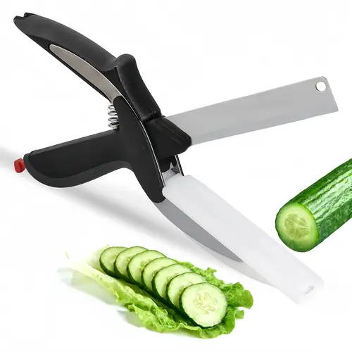 2 in 1 Kitchen Scissors for Food – Stainless Steel 9.5" Tomato Knife Chops Vegetables, Fruit, Cheese, Meat in Seconds | Dishwasher Safe Cutting Board Scissors with Safety Lock – Kitchen Gift for Dad