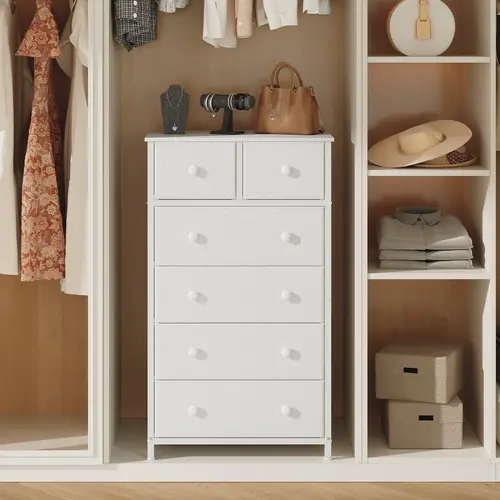 【NEW】Somdot Modern 6-Drawer Bedroom Cupboards Cabinets Dresser - Single Unit Rectangular Indoor Furniture with Round Knobs, Steel Frame, Wood Top, PU Leather Modern Chest Drawers for Room Storage,familyfun