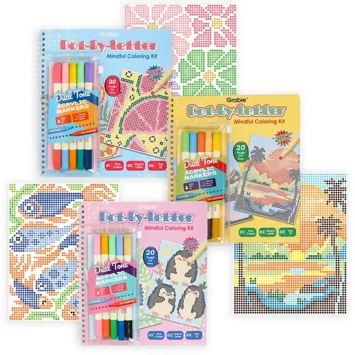 Grabie New Dot-By-Letter Mindfulness Coloring Kit - Acrylic Paint Markers, Dual-Tone Set, Light-Print Pages, 20 Scenes, Hobbies Kit for Adults, Craft Supplies for Adults, Office Art Supplies, High Detail