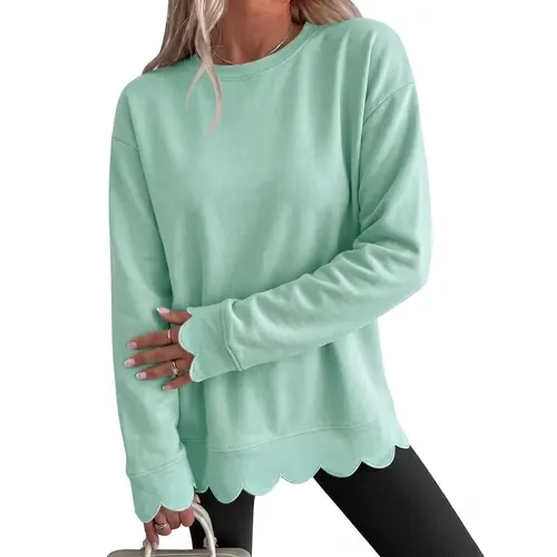 Fisoew Women's Fashion Casual Knit Light Vintage Heather Round Neck Oversized Tunic - Air-layer Fabric Sweatshirt, Long Sleeve, Wavy Scallop Hem & Cuff, Loose Fit Everyday Fall Layering Pullover Top