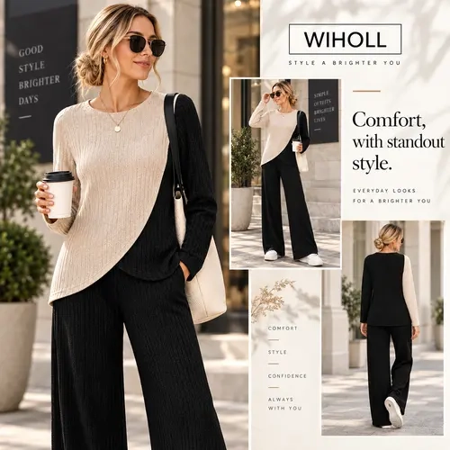 WIHOLL Women's Soft 2-Piece Loungewear Set - Asymmetrical Style, Breathable Fabric, Long Sleeves, Women's 2 Piece Set Accessories, Fall Vacation Outfit