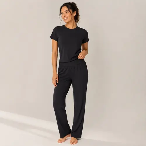 Women Dusty Pink 2 Piece Loungewear Matching Set, Crew Neck Short Sleeve Curved Hem T-Shirt + High Waist Elastic Pleated Wide Leg Pants With Side Pockets Soft Stretchy Knit Casual Daily Outfit