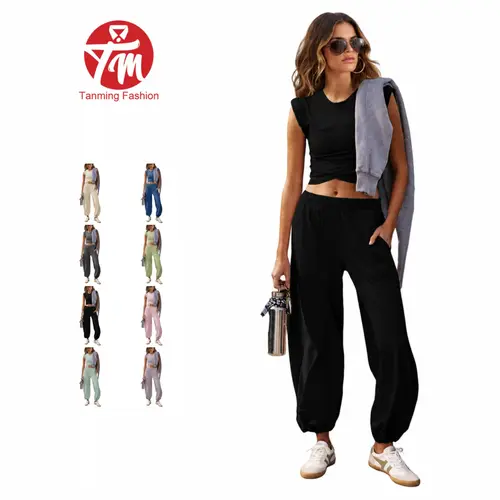 Tanming Women's 2-Piece Set - Summer Workout Tracksuit with Cross-Front Cropped T-Shirt, Loose-Fit Cuffed Sweatpants (2 Pockets) - Trendy Casual Fashion Activewear for Commuting & Outdoor Activities, Woman 2 Piece Set, Workout Sets