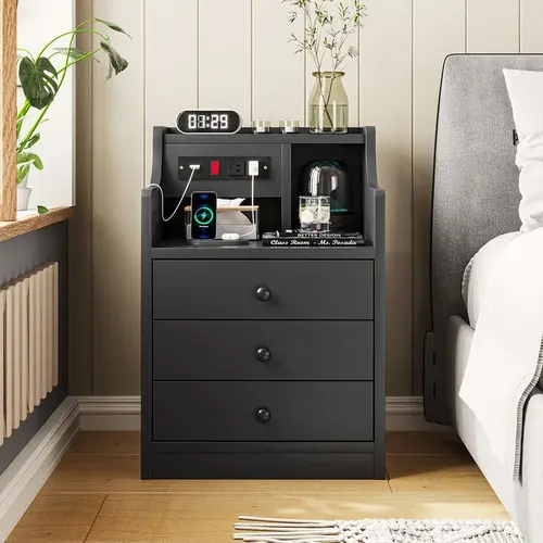 Sikaic Black Nightstand with Charging Station, Modern Bedside Table with Hutch, 3 Storage Drawers & Open Shelf, End Table for Bedroom, Home Furniture Christmas Gifts [SohoChic]
