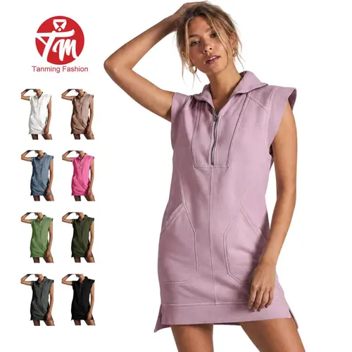 Tanming Women's Half-Zip V-Neck Sleeveless Pullover Mini Dress - Chic, Sporty, Athletic Casual Wear Loungewear for Summer, Polo, Soft, Comfortable, Lightweight, Basic, Golf, Cap Sleeves