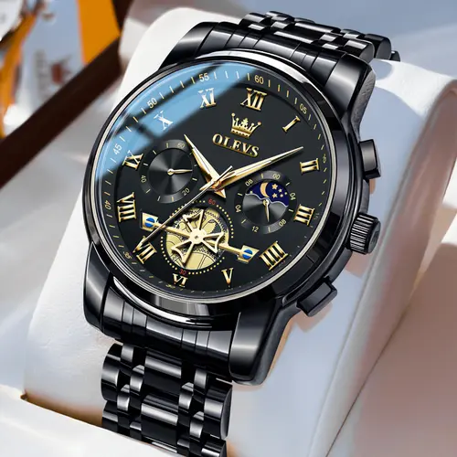 OLEVS Men Skeleton Watches Stainless Steel Analog Quartz Moon Phase Male Watch
