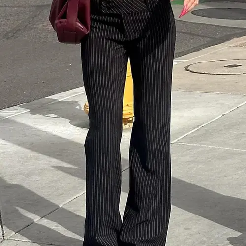 Women's Striped Print Pocket Flare Leg Pants, Casual Comfy Drop Waist Bell Bottom Trousers for Summer, Ladies Bottoms for Daily Wear, Casual Fashion Trousers, Casual Chic Trousers, Casual Fitted Pants