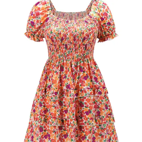 [Plus Size] Floral Print Frill Trim Fitted A Line Dress, Puff Sleeve Shirred Dress for Beach Holiday Vacation, Women's Casual Boho Chic Wear for Summer, Bohemian Style Summer Dress, Bohemian Aesthetic Boho Fashion Casual