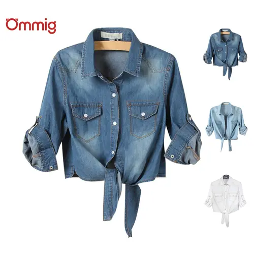 Ommig Lady's 3/4 Sleeve Fitted Denim Tie Knot Crop Top - Y2K Western Button Down Casual Blouse, Basic Summer Outfit Top