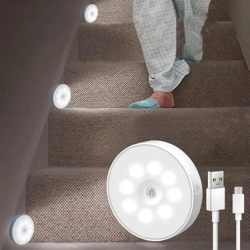 Motion-sensor Night Light, 3/6 Counts 8-LED 3-Mode USB Rechargeable Sticky Magnetic Night Light for Cabinets, Stairs and Bedroom, Dimmable Night Light, Adjustable Lights, Home Lighting, Dimmable Nightlight