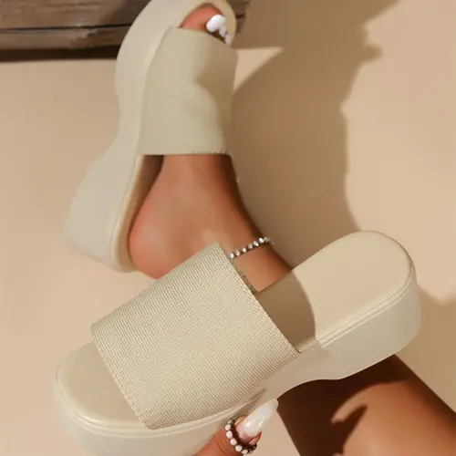 Women's Fashionable Beige Solid Color Platform Wedge Sandals, Casual Comfortable Non-Slip Sandals for Summer, Lightweight Breathable Shoes for Daily Wear, Casual Fashion Footwear