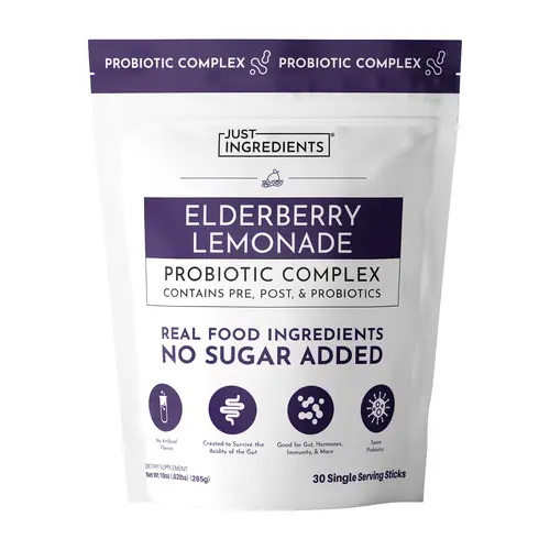 Just Ingredients Elderberry Lemonade  3‑In‑1 Probiotic Complex – 30‑Stick Drink Mix with Prebiotics, Probiotics & Postbiotics – 5 Billion CFU Spore Strains + Lemon Extract – Immune, Gut & Digestive Support