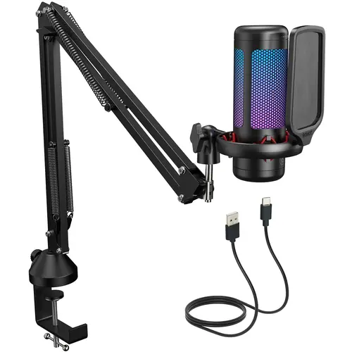TONOR TC310 Cardioid Condenser USB Microphone Podcast Equipment Set - Boom Arm, Adjustable RGB Lights, Cable, Gaming Accessories for Content Creators, PC/PS5 Streaming Setup, Recording