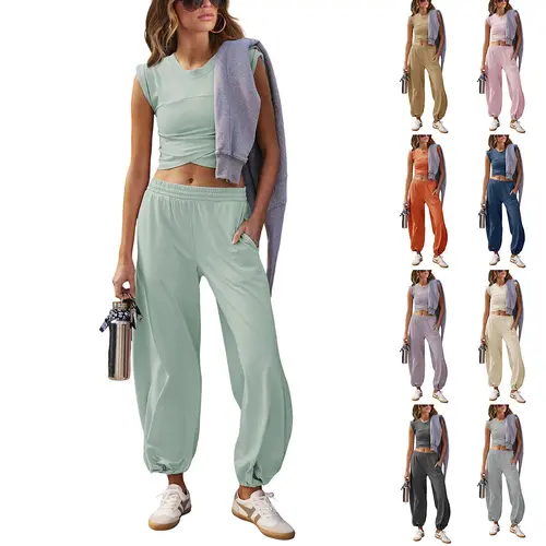 Ommig Women's 2-Piece Cotton Activewear Set - Lightweight Basic Casual Lounge Tracksuit with Cropped Top, Sweatpants, Pockets, Sports Clothes