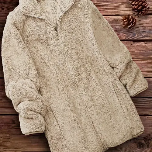 Women's Solid Basic Long Sleeve Zip Up Fuzzy Fitted Coat, Zippered, Soft, Casual Mock Neck Outerwear For Fall, Ladies Clothes For Daily Wear, Jackets, Womenswear