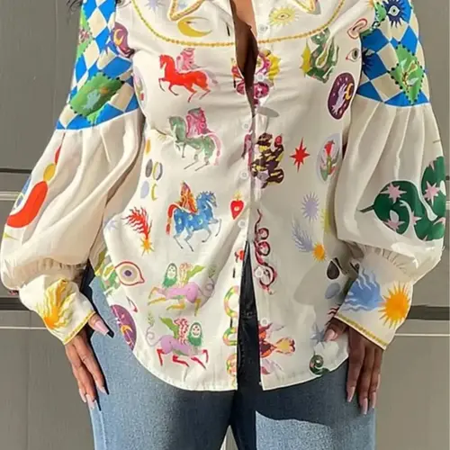 Plus Size Galaxy & Animal Print Button Front Woven Aesthetic Shirt, Retro Lantern Long Sleeve Collared Casual Button Up Blouse Top, Fall Clothing, Going Out Tops, Gift Set for Women, Womenswear, Everyday, Fitted, Fit