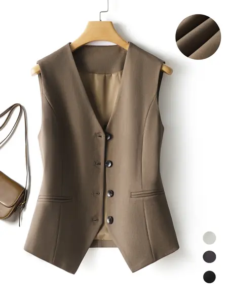 Women's Solid Button Front Vest Blazer, Fitted Elegant V Neck Pocket Vest for Office, Ladies Spring Clothes