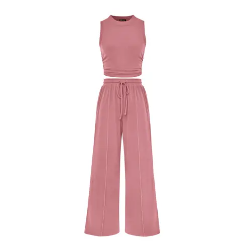 PrettyGarden Women's Summer 2-Piece Outfits Ribbed Knit Lounge Sets Tracksuit Sleeveless Crop Tank Tops Wide Leg Casual Pants