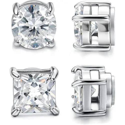 Jstyle Unisex 2-Pair Stainless Steel Cubiczirconia Stud Earrings - Hypoallergenic Magnet Earrings, Sparkling Minimalist Fake Piercings, Multi-Size 5-8mm Jewelry for Sensitive Ears