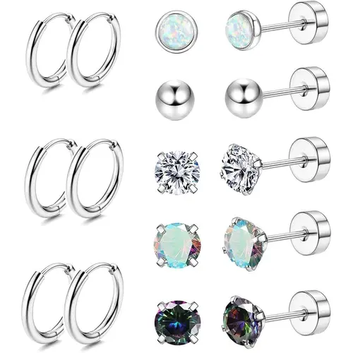 Jstyle Women's 8-Pair 20G Surgical Steel Studs Earrings - Hypoallergenic Tarnish-Free Jewelry for Sensitive Ears, Flat Back Zirconia/Opal Hoops for Helix Piercing, Earring Stack, Jewelry Stack, Unisex Wear