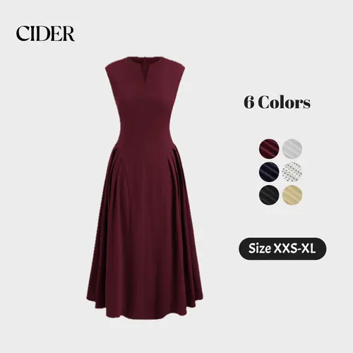 Cider V-neck Solid Pleated Sleeveless Maxi Dress SohoChic