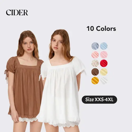 Cider Square Neck Solid Ruffle Knotted Short Sleeve Blouse - Casual Womenswear Summer Top with Puff Sleeves and Fitted Fit Shirts SummerWins SummerFinds